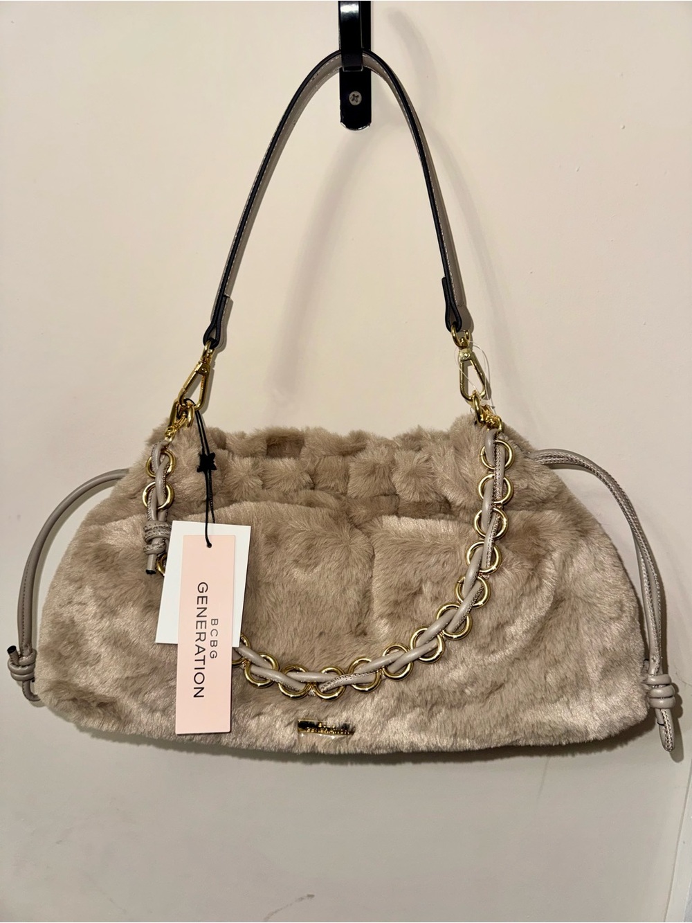 BCBGeneration Taupe Faux Fur Shoulder Bag with Gold Chain